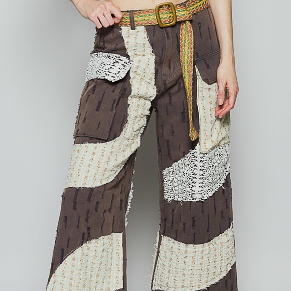 New Pol Boho Jeans Pants Patchwork Brown Distressed Wavy Detail Mesh 100% Cotton - Picture 5 of 10